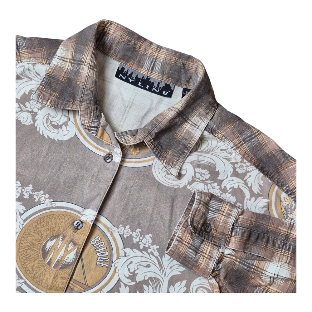 VTG NY LINE Women's M Graffiti NYC Skyline Twin Towers Button Up‎ Shirt 90s